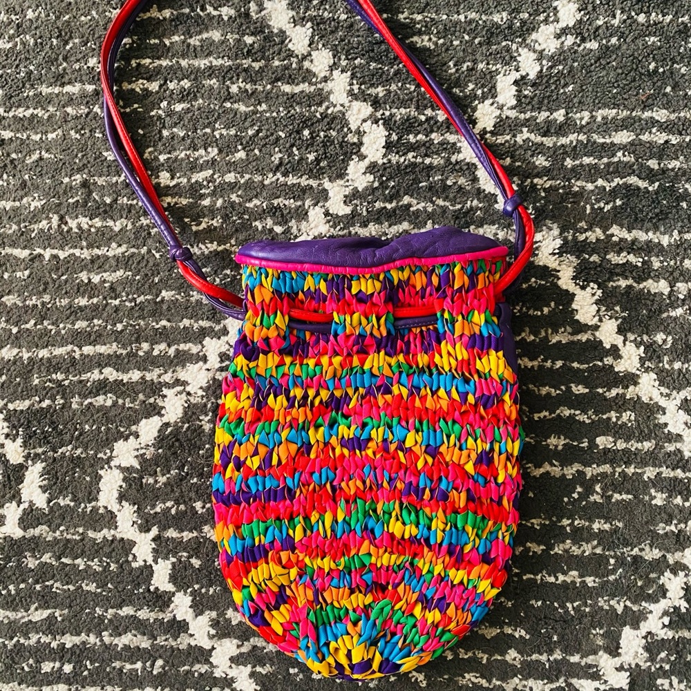 Vintage rainbow leather/woven bucket bag
